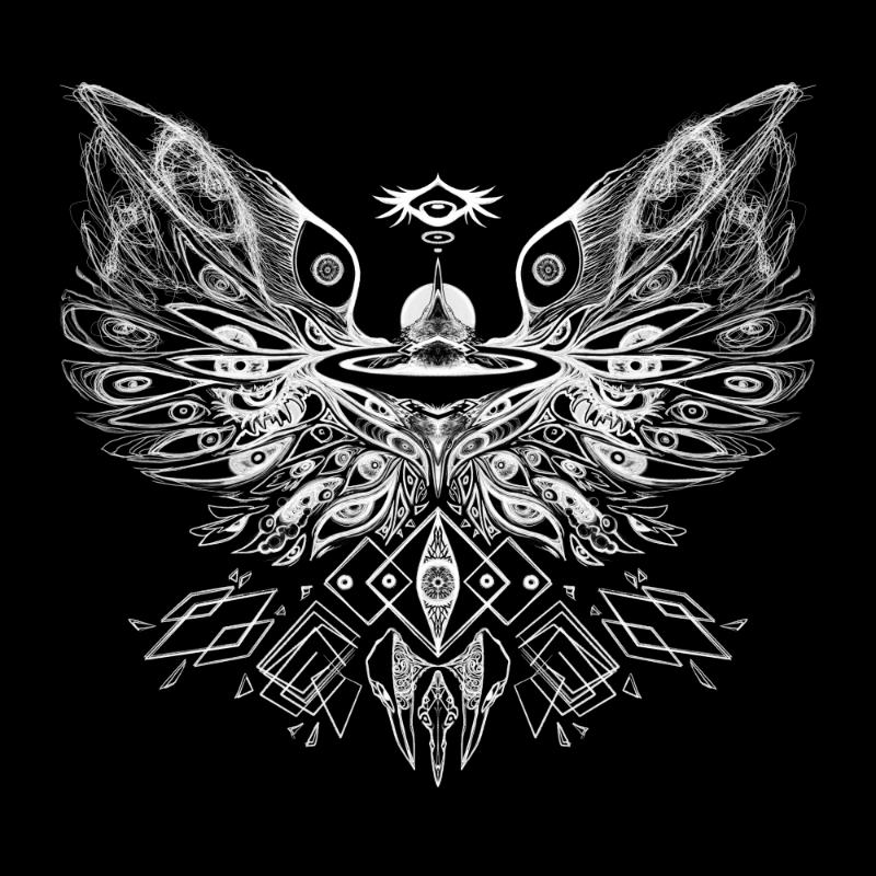 A white-on-black whispy birdlike pattern, with complex feather and bird skull motifs mixed in.
